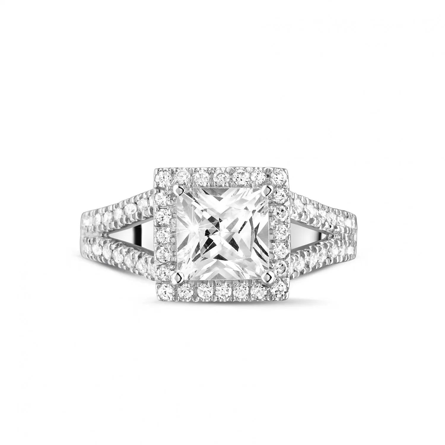 1.50 quilates anillo solitario en oro blanco con diamante talla princesa y diamantes laterales 