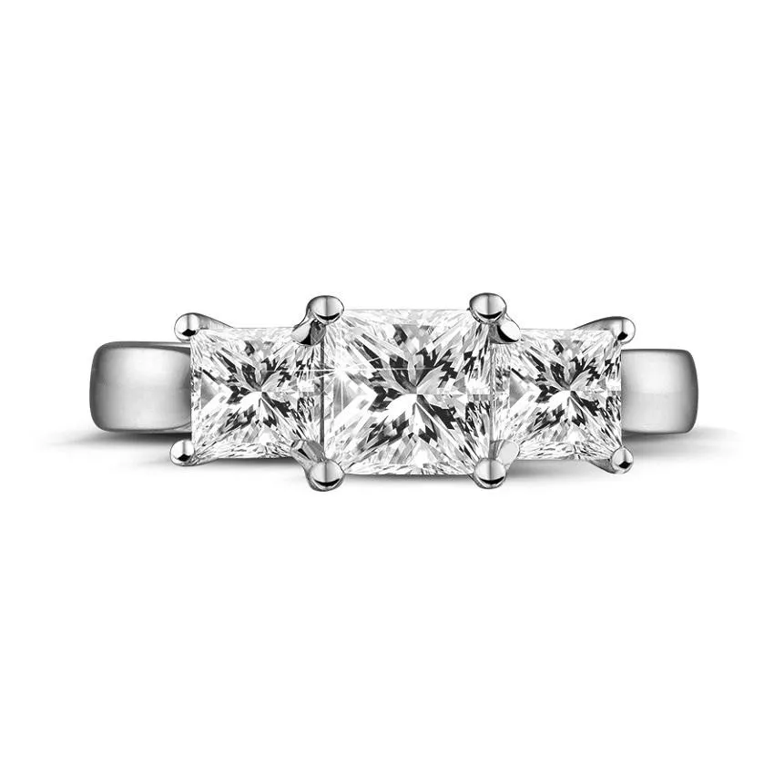1.50 quilates anillo trilogía en oro blanco con diamantes talla princesa 