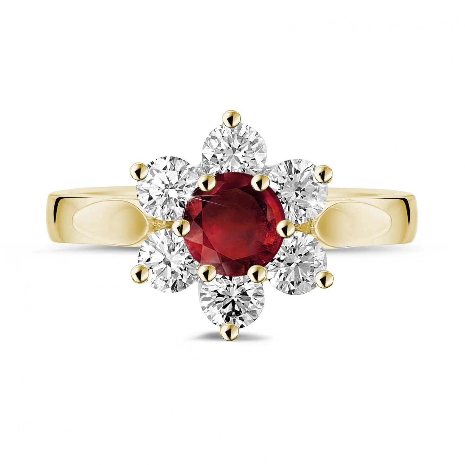 Anillo flor en oro amarillo con rubí redondo y diamantes en los lados 