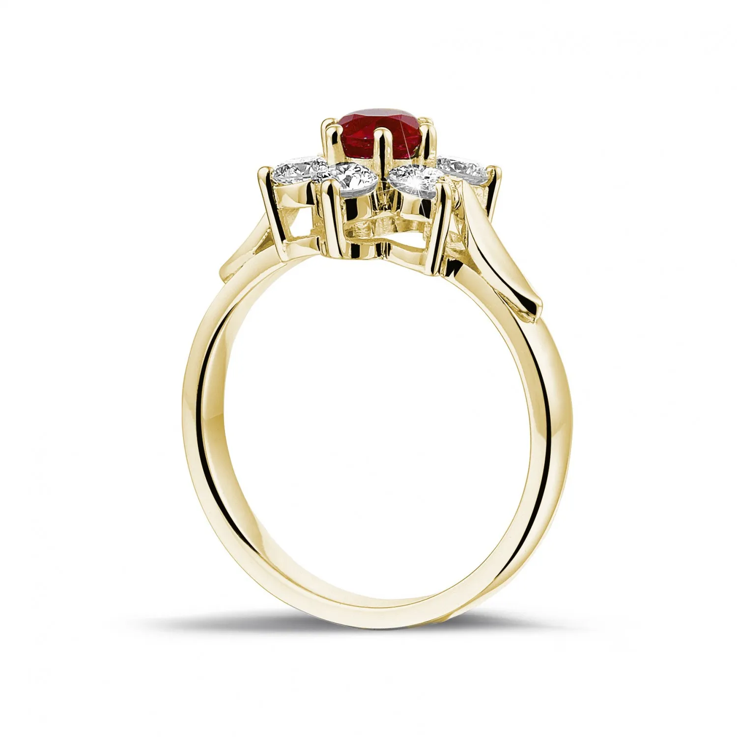 Anillo flor en oro amarillo con rubí redondo y diamantes en los lados 