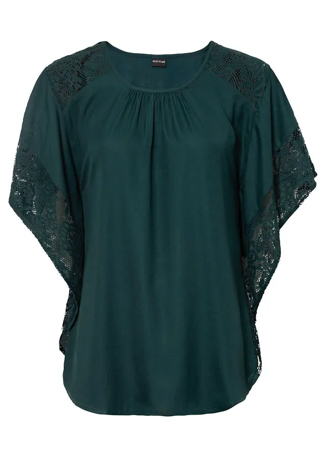 Blusa con detalles de encaje de poliéster reciclado Verde intenso