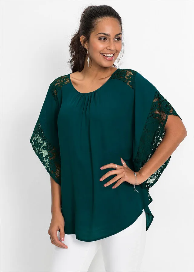 Blusa con detalles de encaje de poliéster reciclado Verde intenso