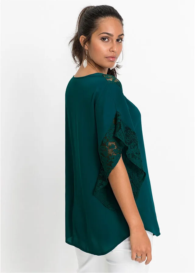Blusa con detalles de encaje de poliéster reciclado Verde intenso