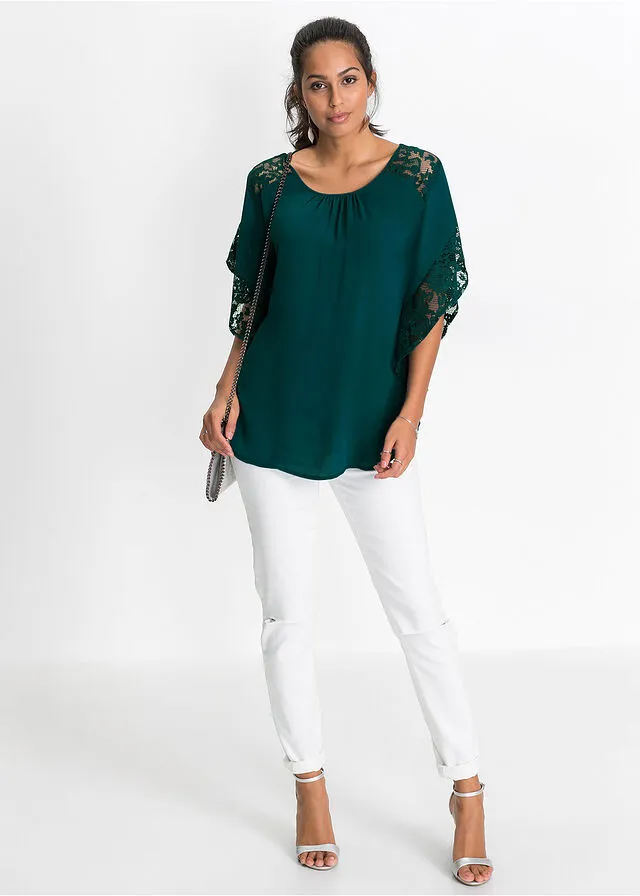 Blusa con detalles de encaje de poliéster reciclado Verde intenso