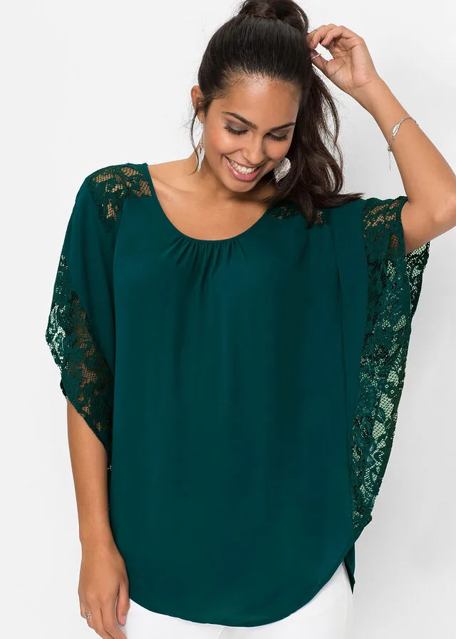 Blusa con detalles de encaje de poliéster reciclado Verde intenso