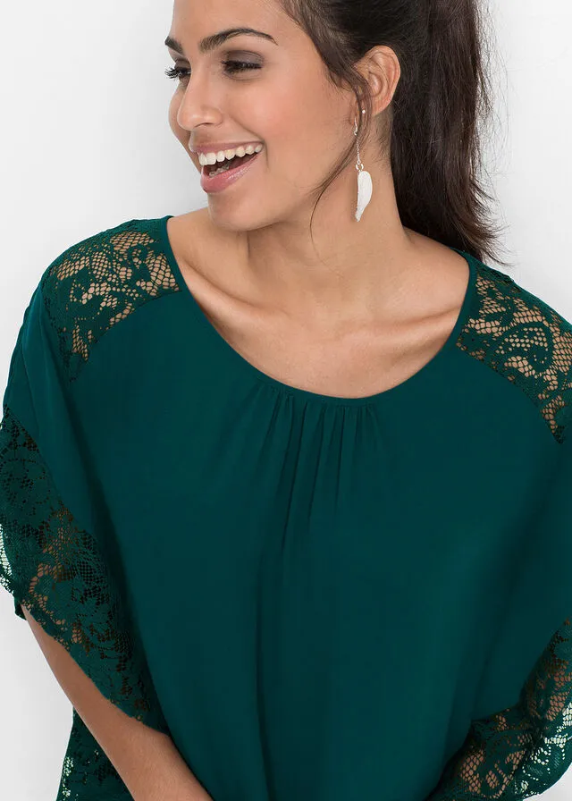 Blusa con detalles de encaje de poliéster reciclado Verde intenso