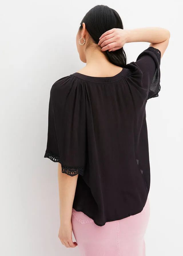 Blusa con encaje de viscosa sostenible Negro