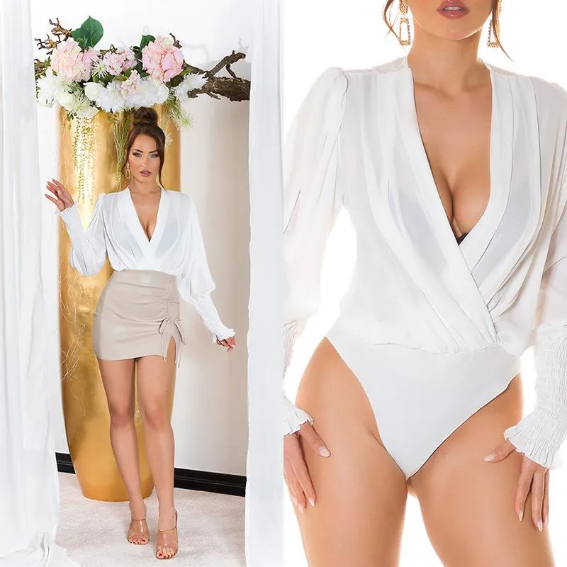 Body con manga larga y cuello V blanco