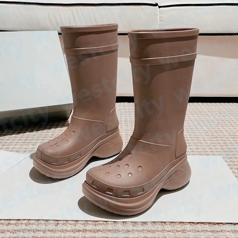 Botas de diseñador Mujer Plataforma Botas Croc 20 mm Arch Eva Boot de goma sobre los zapatos de moda de la rodilla Brown Green B