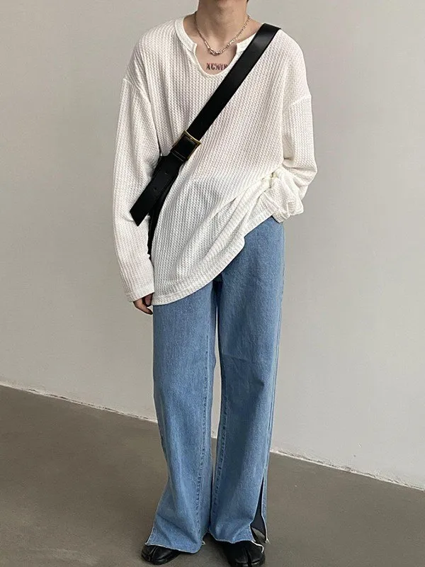 Camiseta de manga larga de gofre simple para hombre