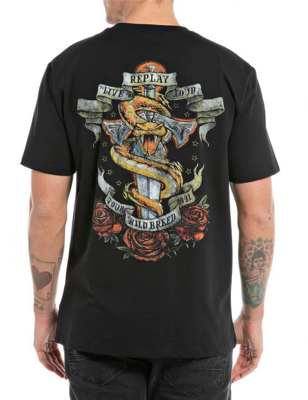 Camiseta Replay  negra serpiente de manga corta para hombre