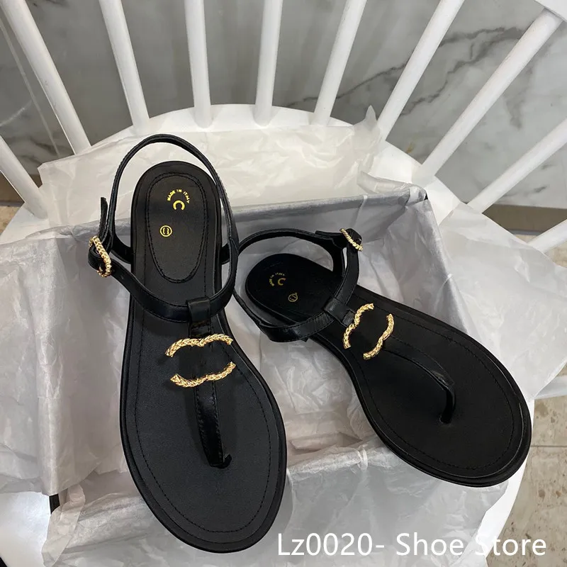 Diseñador de moda francés Zapatillas de mujer Zapatos planos con punta abierta Verano T Atar Zapatos de marca para mujer Playa C