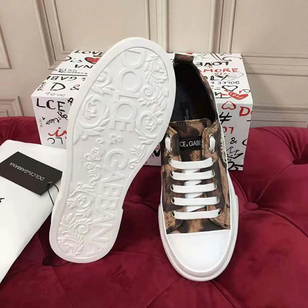 Dolce Gabbana D&G Zapatillas Portofino Light de algodón para mujer con estampado de leopardo y logo DG