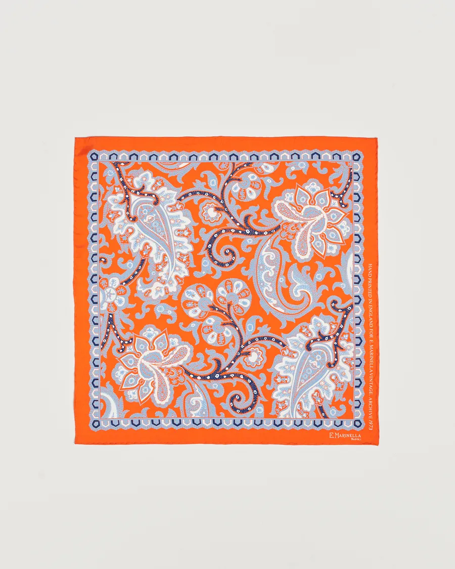 E. Marinella Archive Printed Silk Pocket Square Orange
