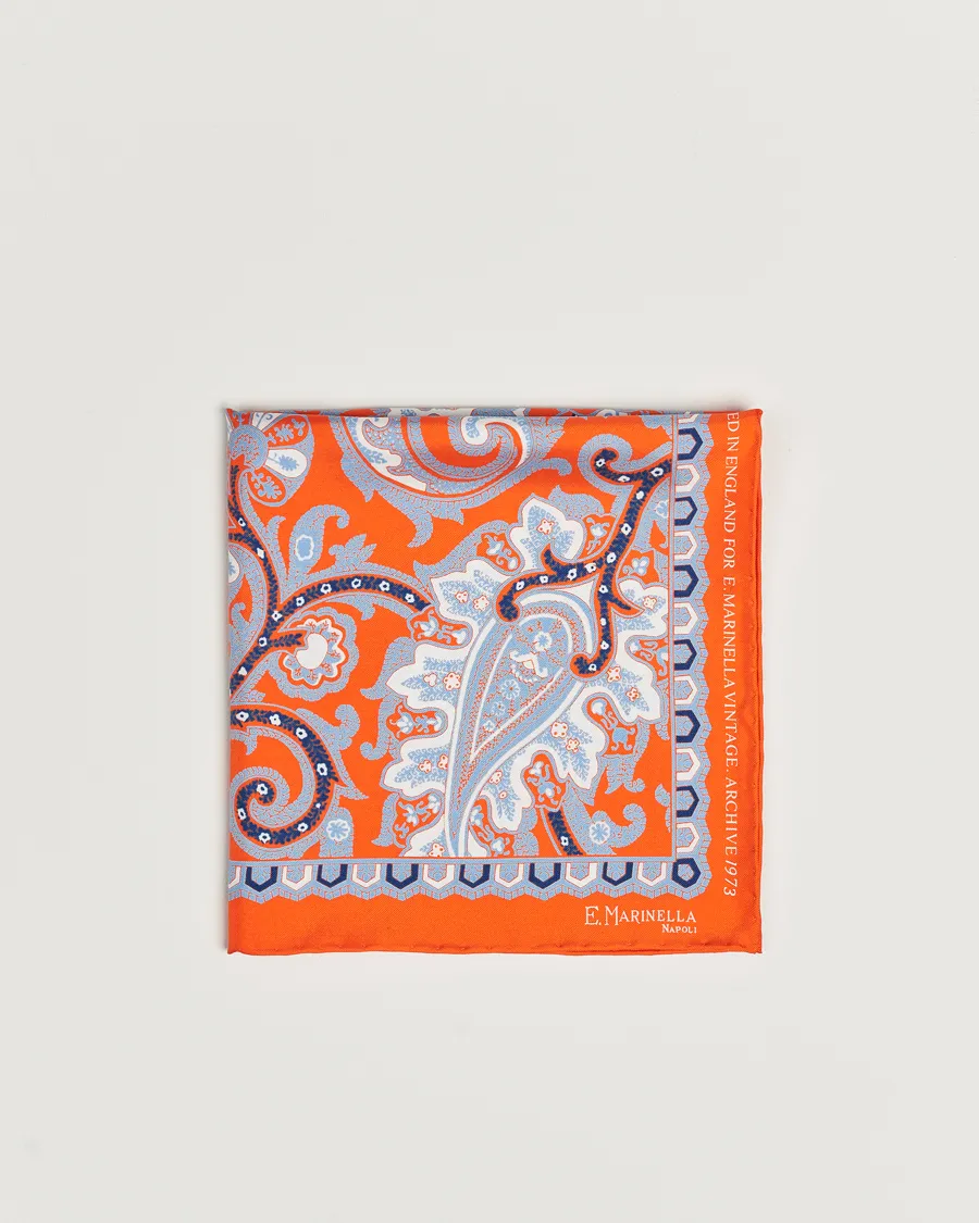 E. Marinella Archive Printed Silk Pocket Square Orange