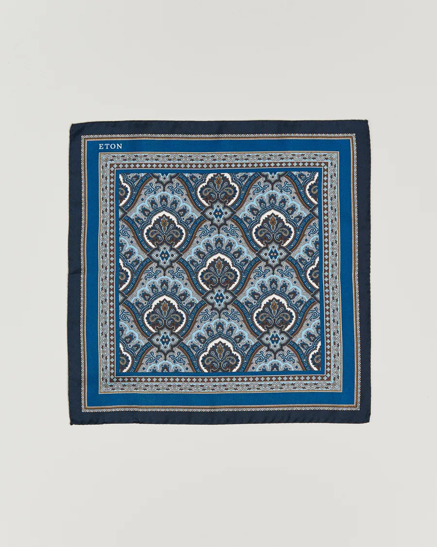 Eton Silk Paisley Print Pocket Square Blue