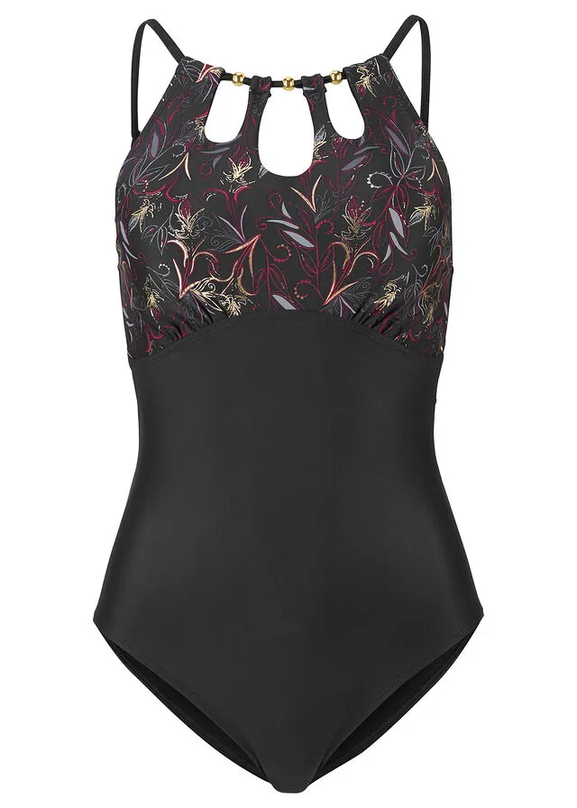 Exclusivo bañador con efecto moldeador intermedio Negro de flores
