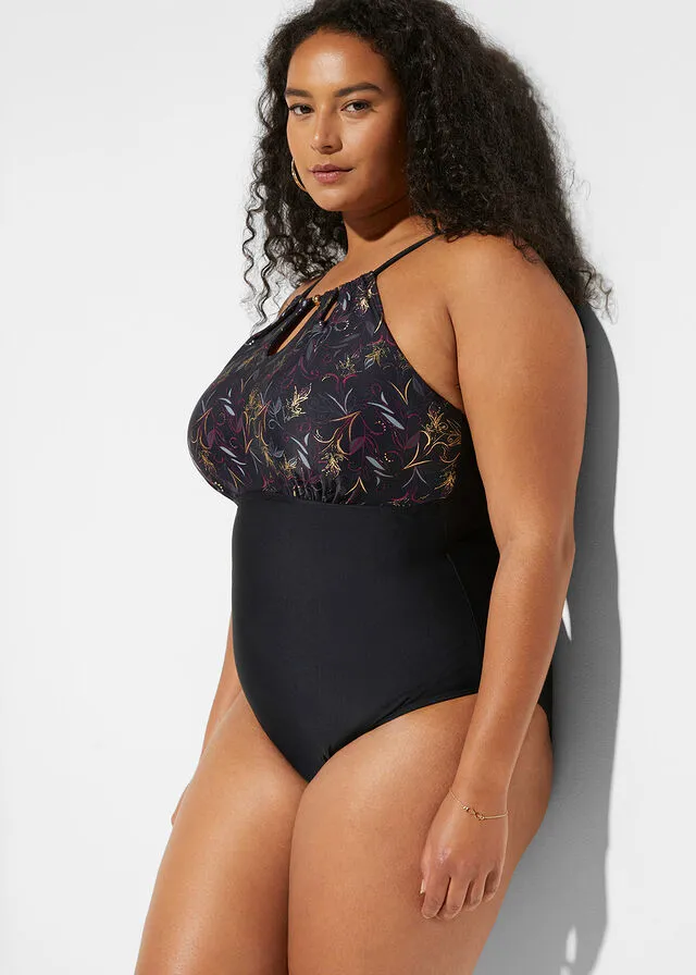 Exclusivo bañador con efecto moldeador intermedio Negro de flores