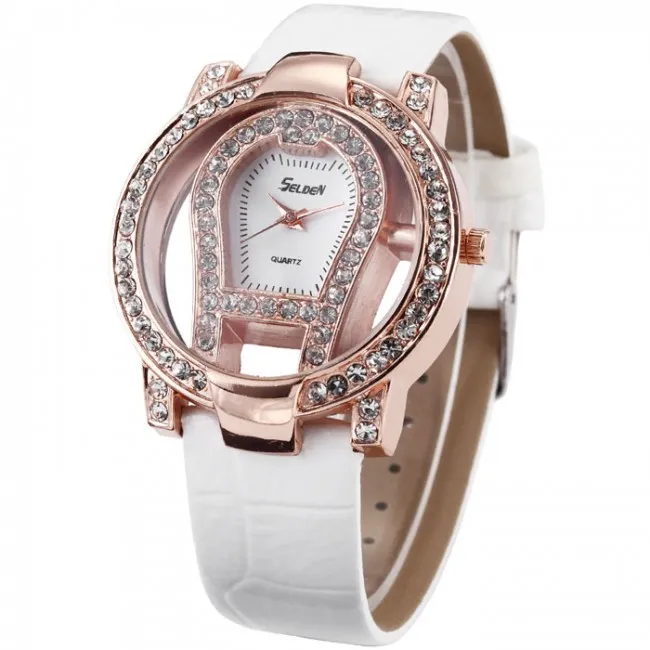 fashion large dial rhinestone trim hollow watch