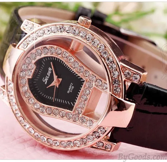 fashion large dial rhinestone trim hollow watch