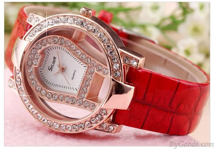 fashion large dial rhinestone trim hollow watch