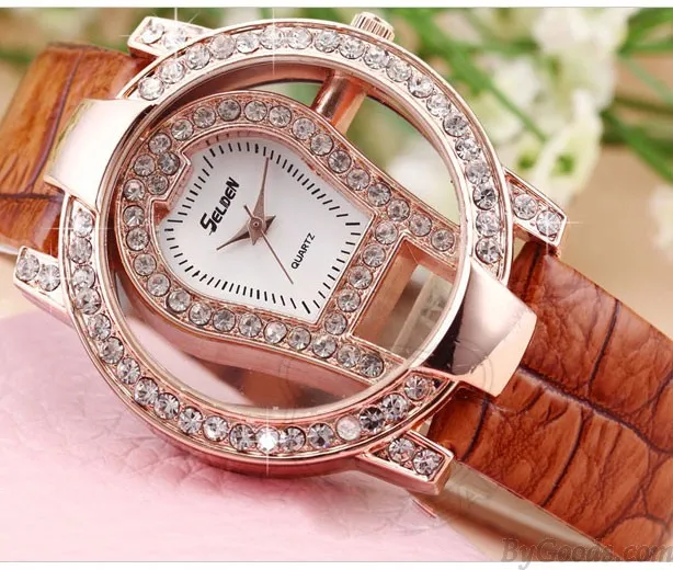 fashion large dial rhinestone trim hollow watch