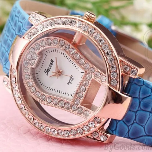 fashion large dial rhinestone trim hollow watch