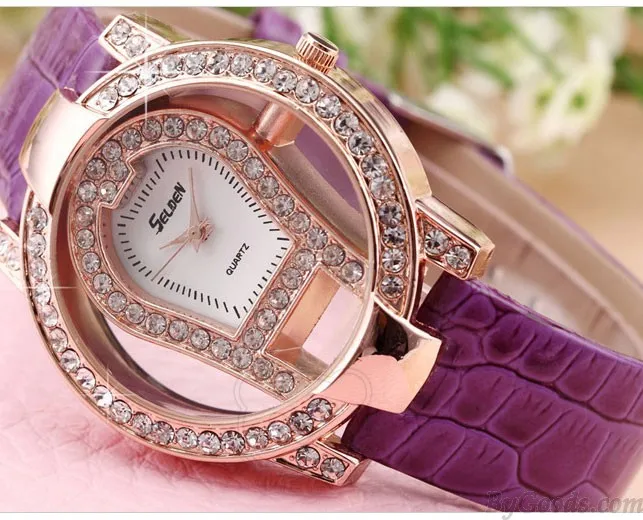 fashion large dial rhinestone trim hollow watch