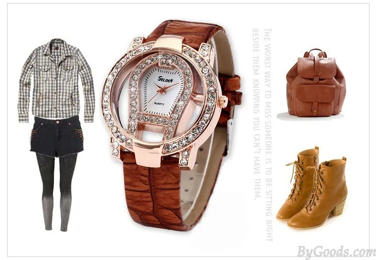 fashion large dial rhinestone trim hollow watch