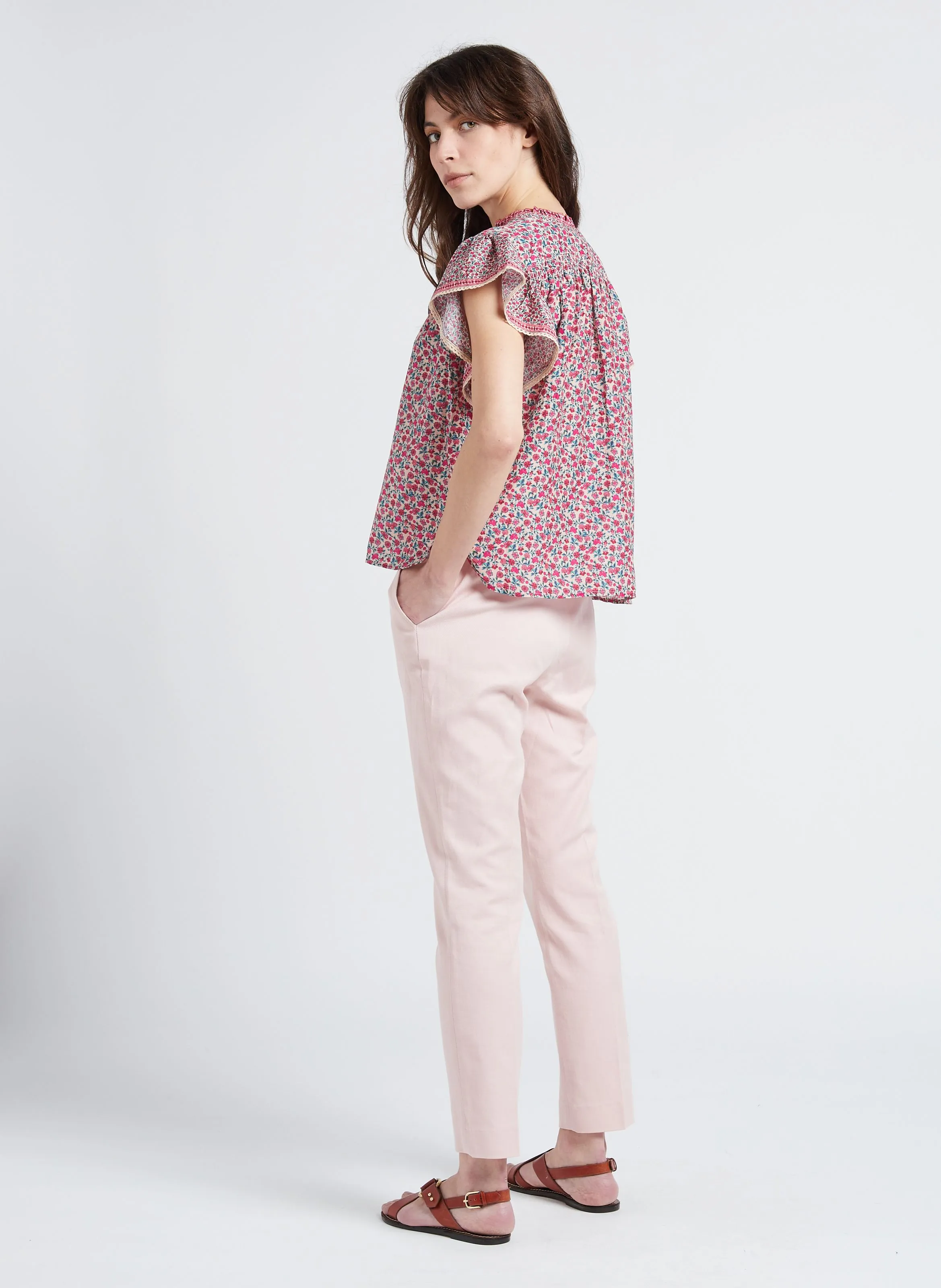 FELIX  PANTALóN RECTO DE MEZCLA DE LINO Y ALGODóN EN ROSA