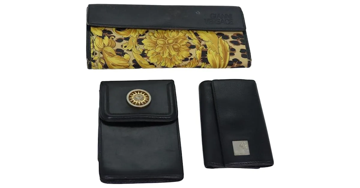 Gianni Versace Gianni Versace Barry Estuche de Llaves de Cuero 3 Piezas Negro Auth ac3163 Amarillo 