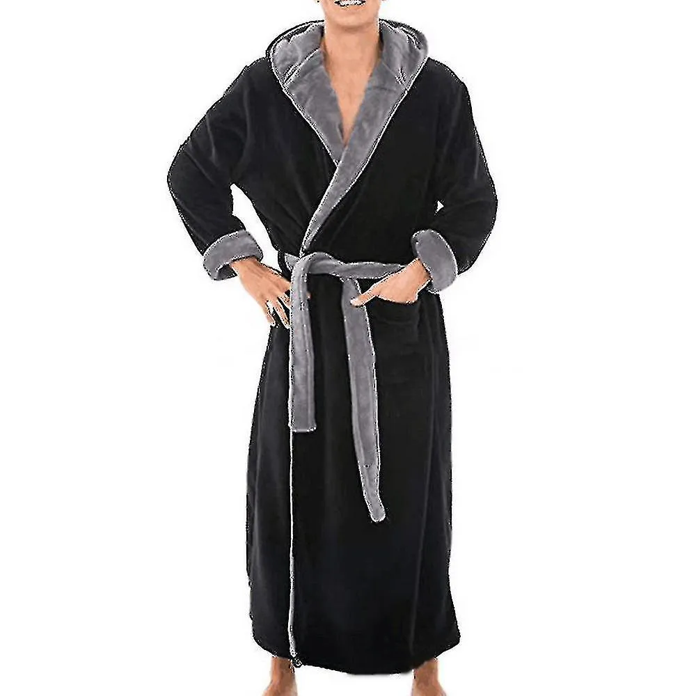 HOMBRE POLAR BATA LARGA BATA DE BAñO CON CAPUCHA ROPA DE DORMIRLNEGRO GRIS
