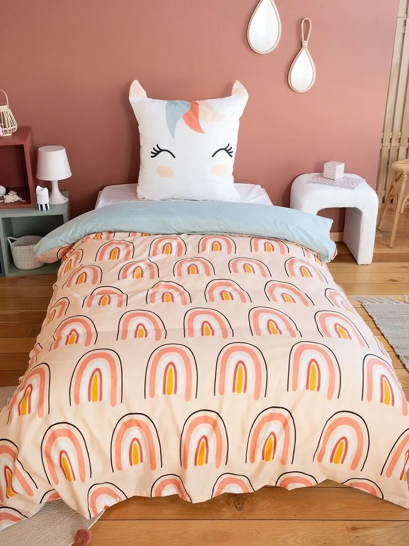 JUEGO DE CAMA ARCOíRIS Y UNICORNIO  INDIVIDUAL  ROSA