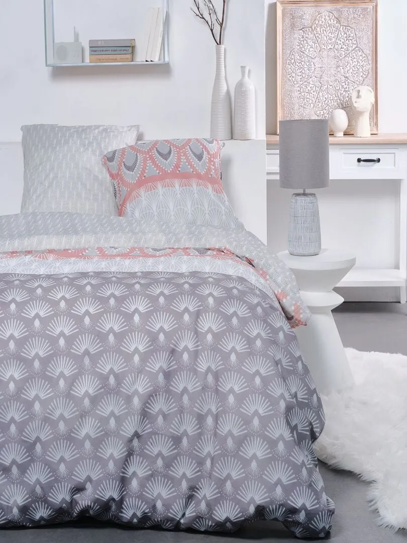 JUEGO DE CAMA ESTAMPADO  DOBLE  GRIS/ROSA