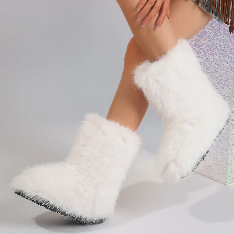 Mujeres nieve de invierno al aire libre peludas reales botas de mapaches mujer zorro pelaje plataforma caliente zapatos de moda 