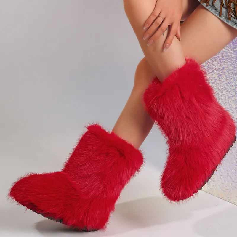 Mujeres nieve de invierno al aire libre peludas reales botas de mapaches mujer zorro pelaje plataforma caliente zapatos de moda 