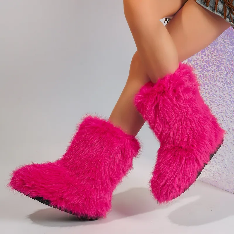 Mujeres nieve de invierno al aire libre peludas reales botas de mapaches mujer zorro pelaje plataforma caliente zapatos de moda 