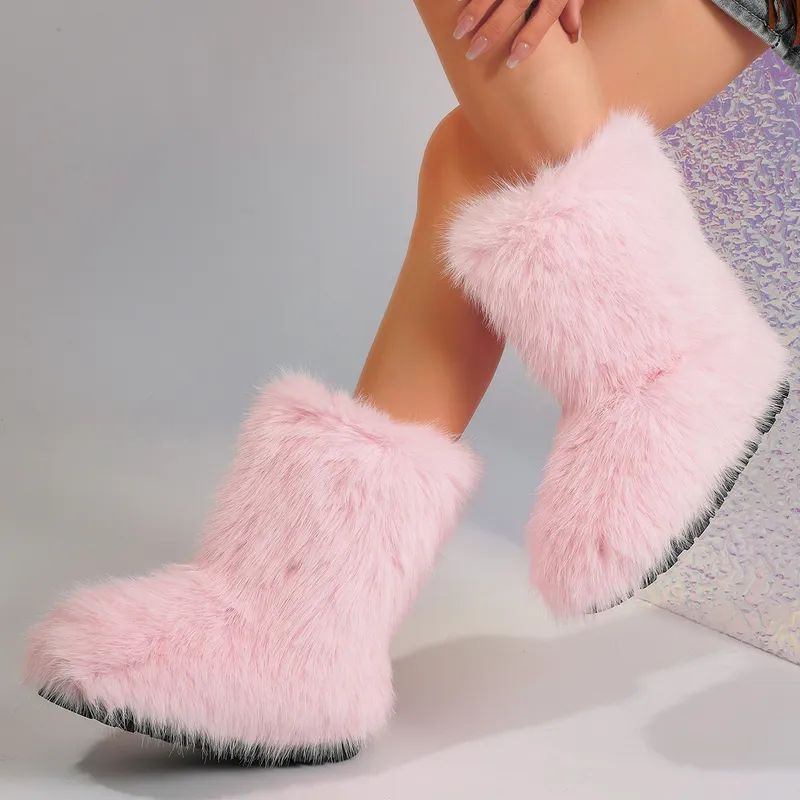 Mujeres nieve de invierno al aire libre peludas reales botas de mapaches mujer zorro pelaje plataforma caliente zapatos de moda 