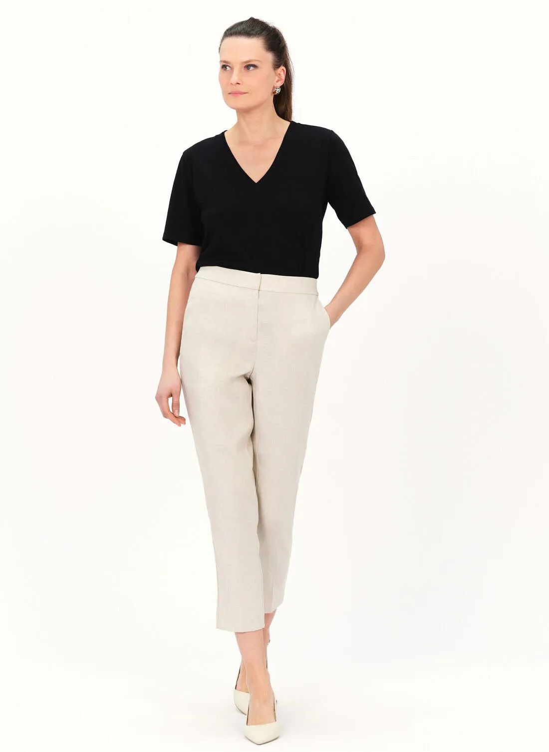 PALLAN  PANTALóN PITILLO DE MEZCLA DE LINO EN BEIGE