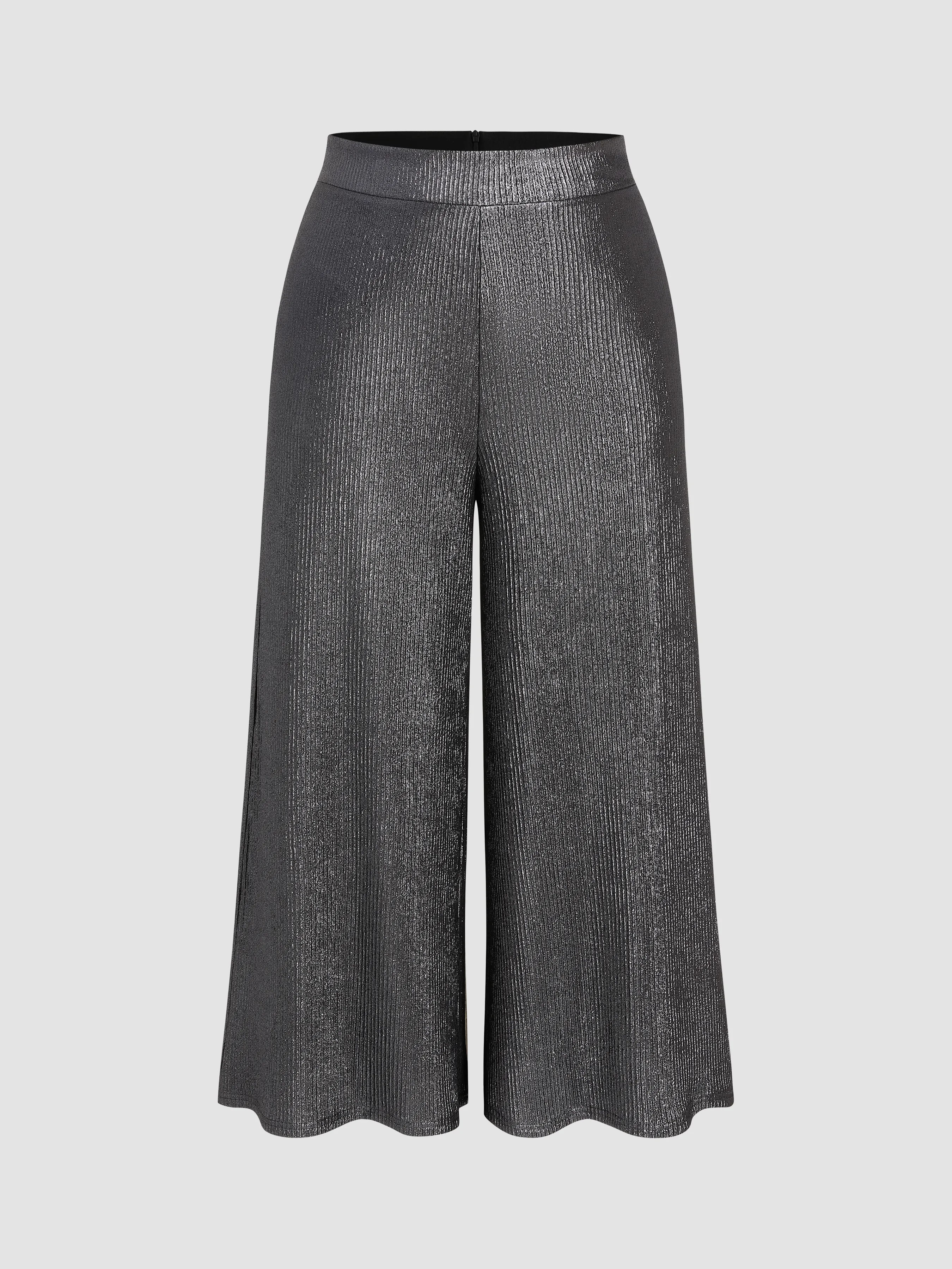  Pantalones Anchos Metálicos de Cintura Media con Cremallera Curvy