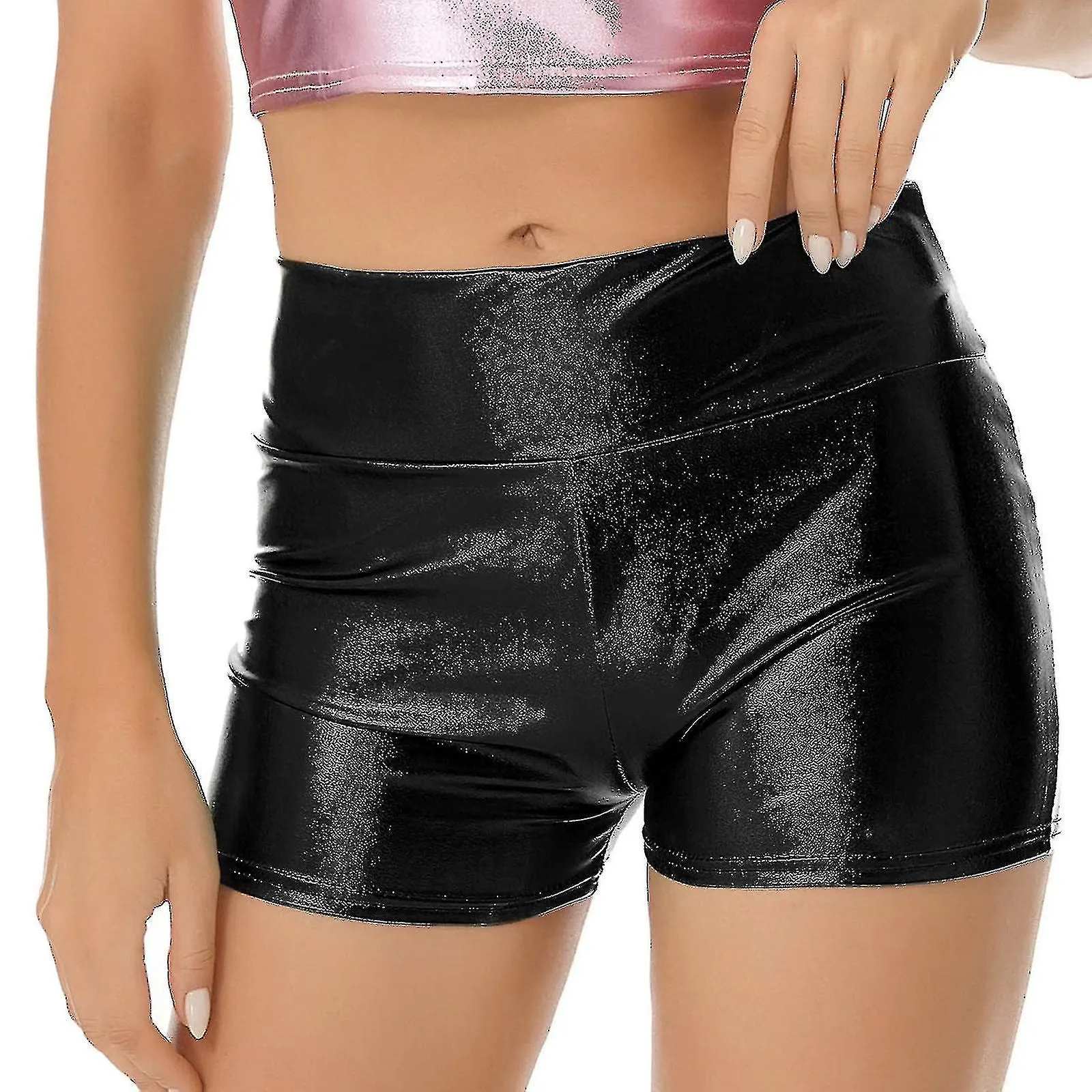 Pantalones cortos de pole dance para mujer cintura alta metalizado brillante pantalones cortos de charol entrenamiento rave part