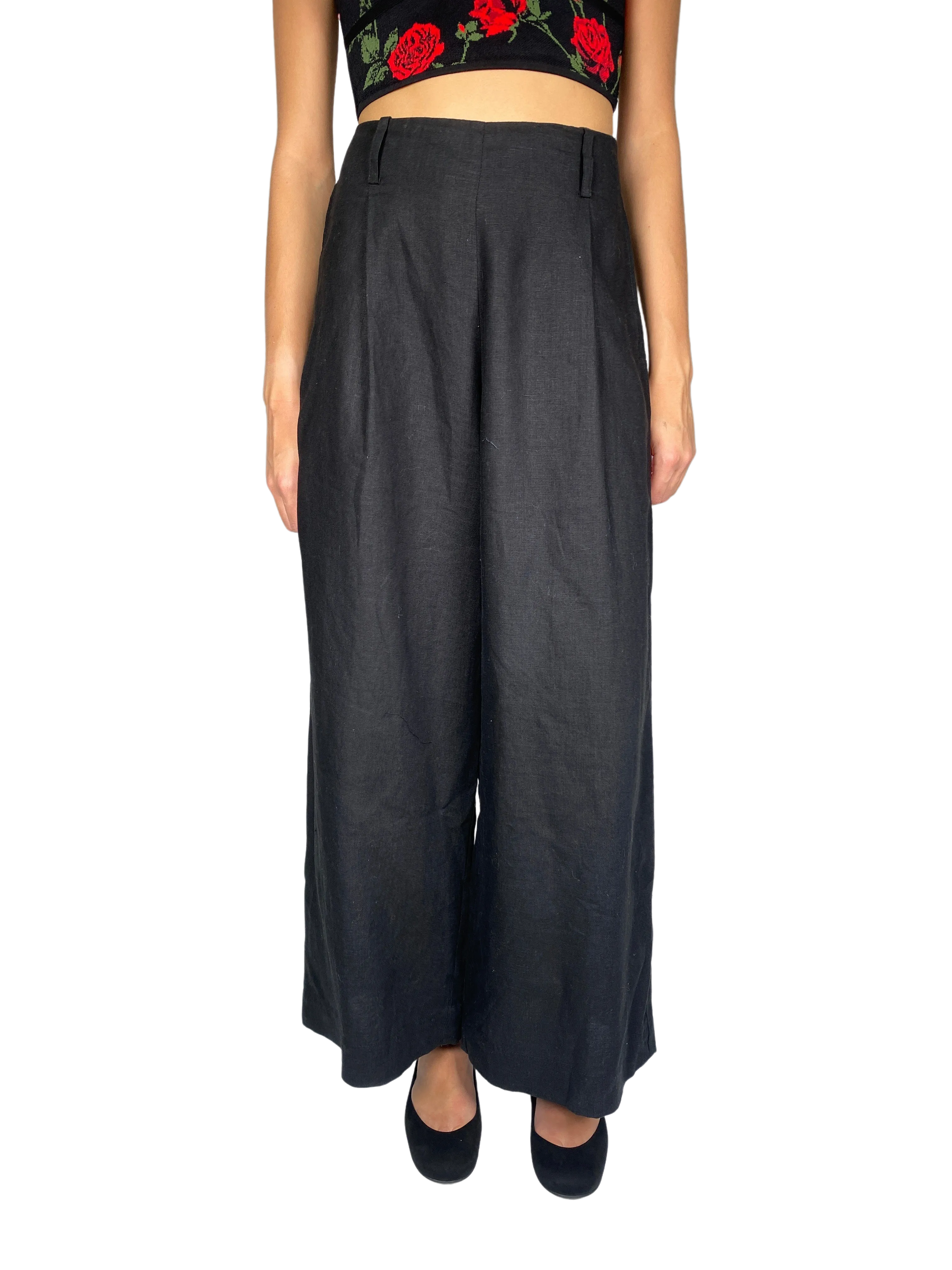 PAS DENOM Pantalón Lino Negro Palazzo