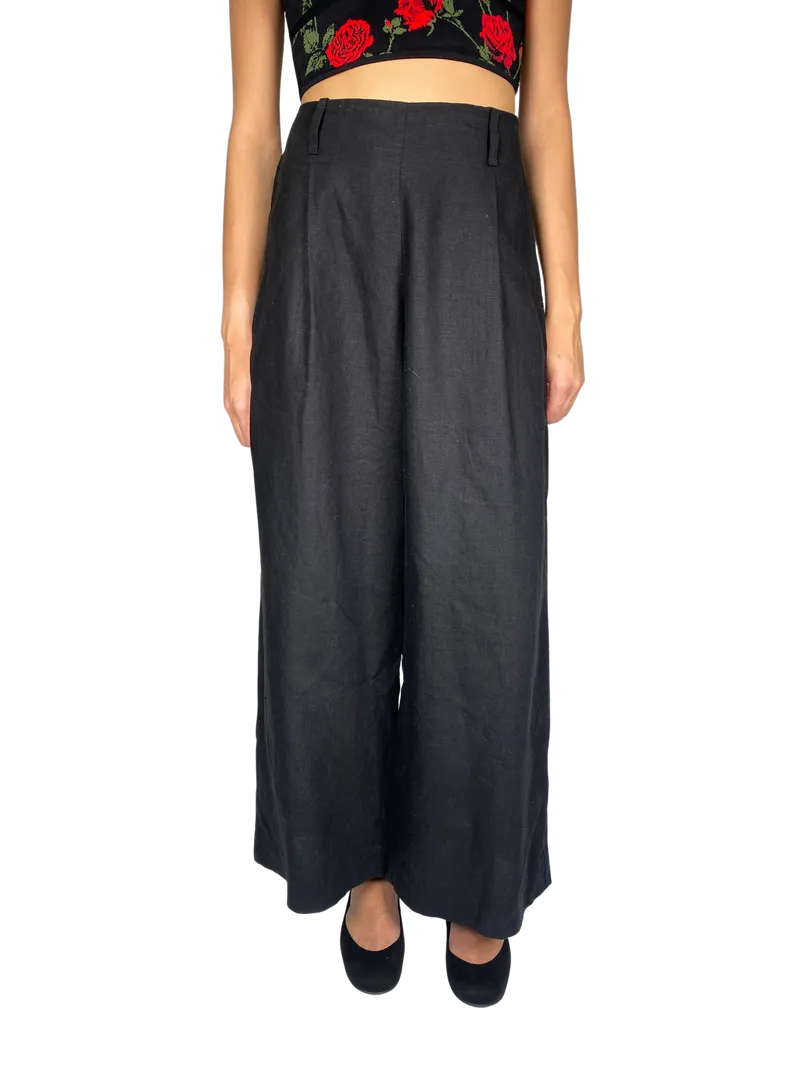 PAS DENOM Pantalón Lino Negro Palazzo