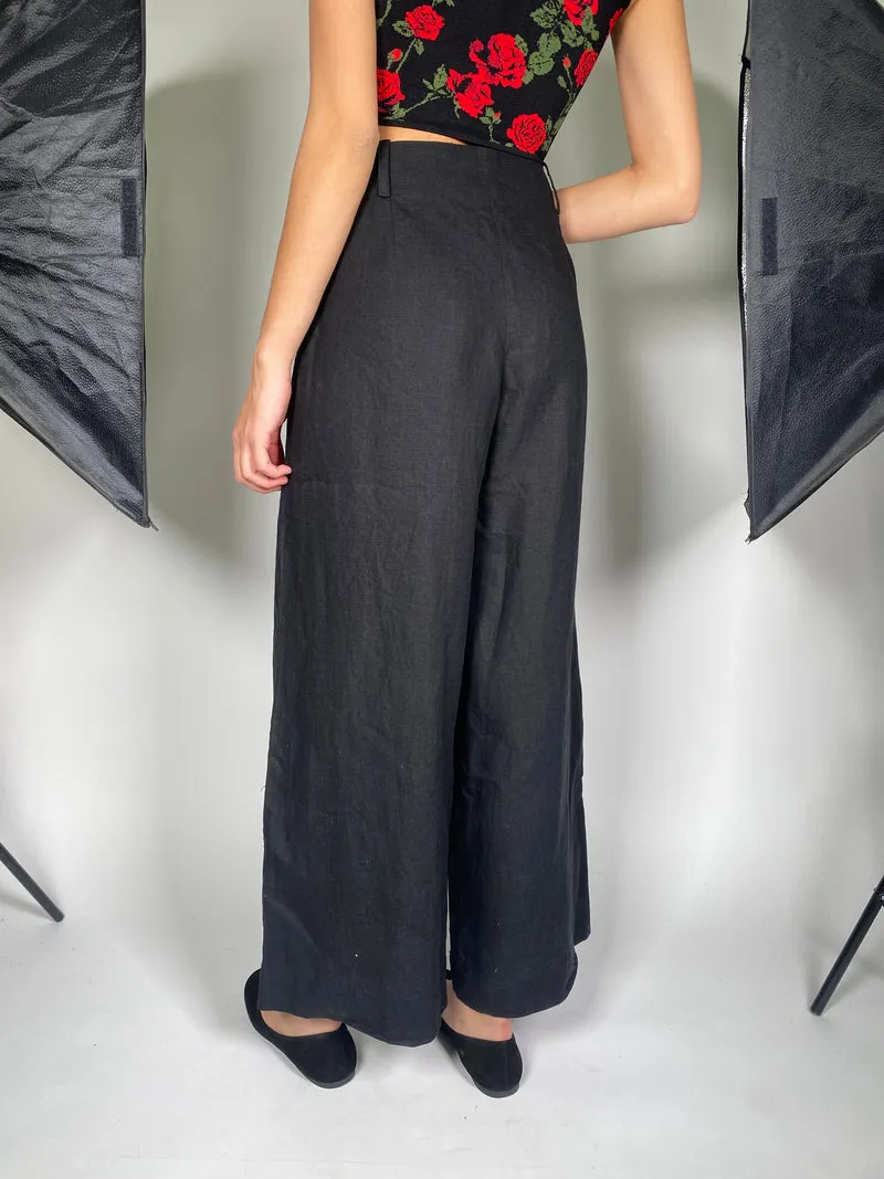 PAS DENOM Pantalón Lino Negro Palazzo