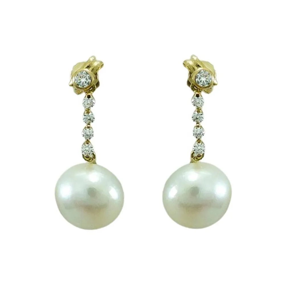 Pendientes de oro con 10 circonitas y 2 perlas colgantes