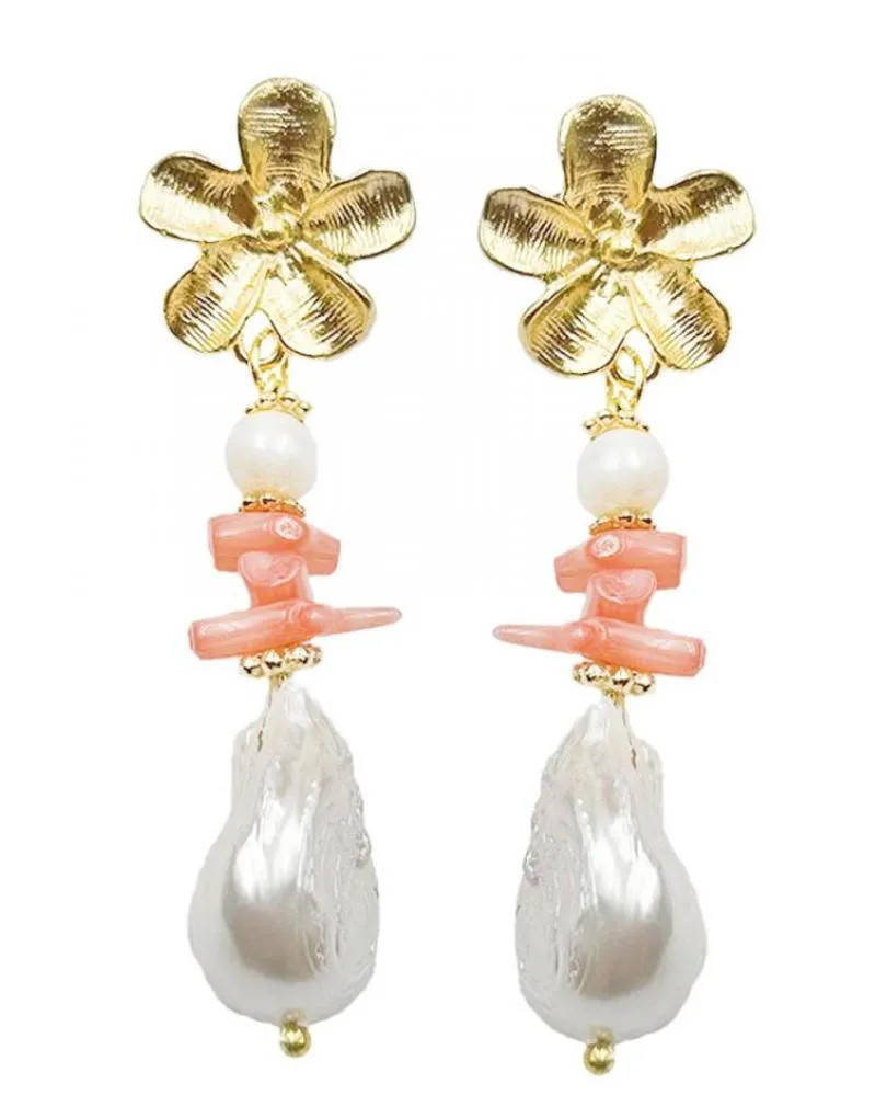 PENDIENTES LARGOS DORADOS PARA MUJER CON PERLAS Y CORAL
