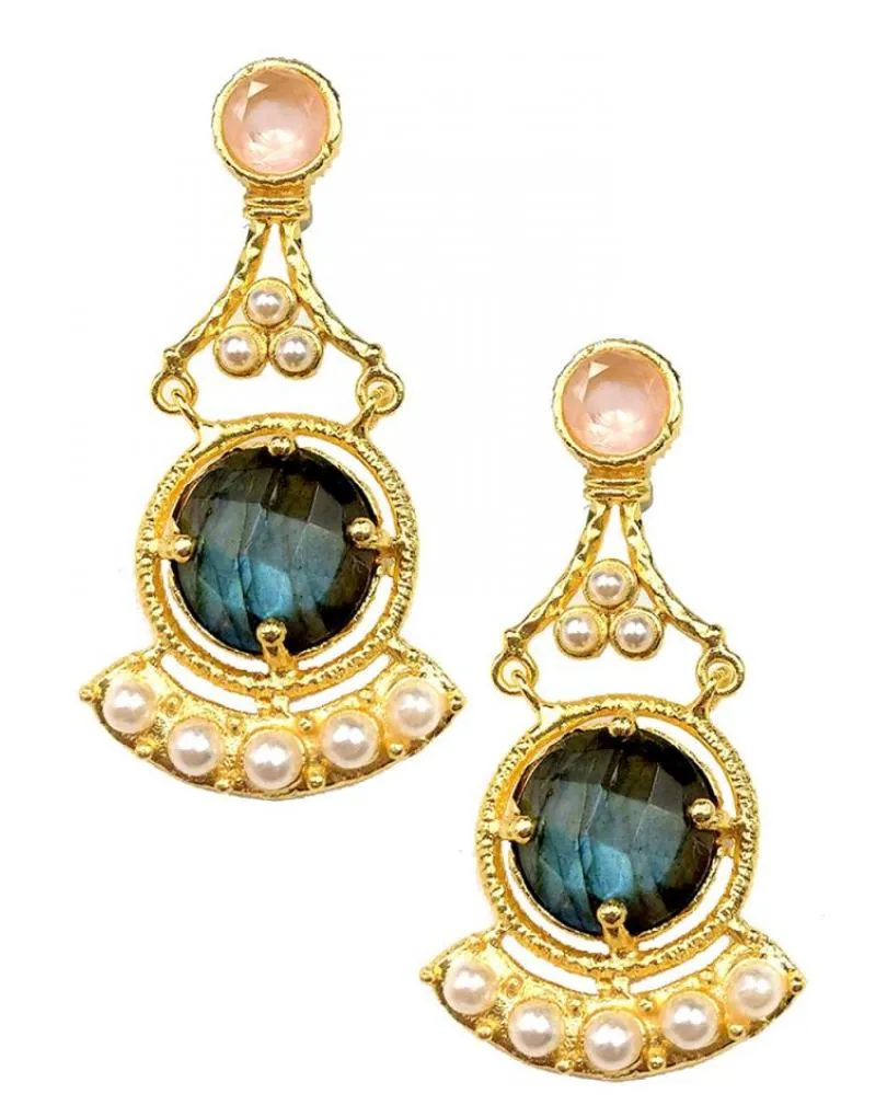 PENDIENTES MUJER LARGOS DE PIEDRAS VERDE Y ROSA CON PERLAS