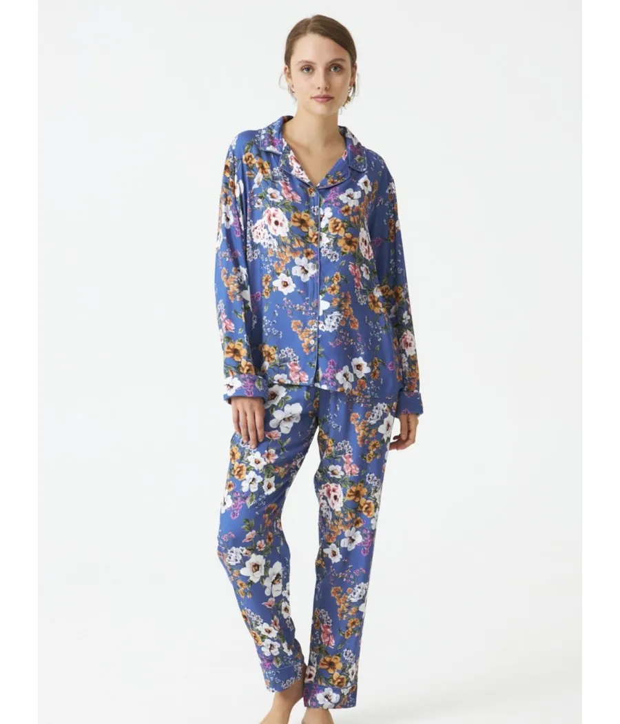 Pijama largo abierto mujer invierno J&J Brothers azul Floral viscosa bolsillos