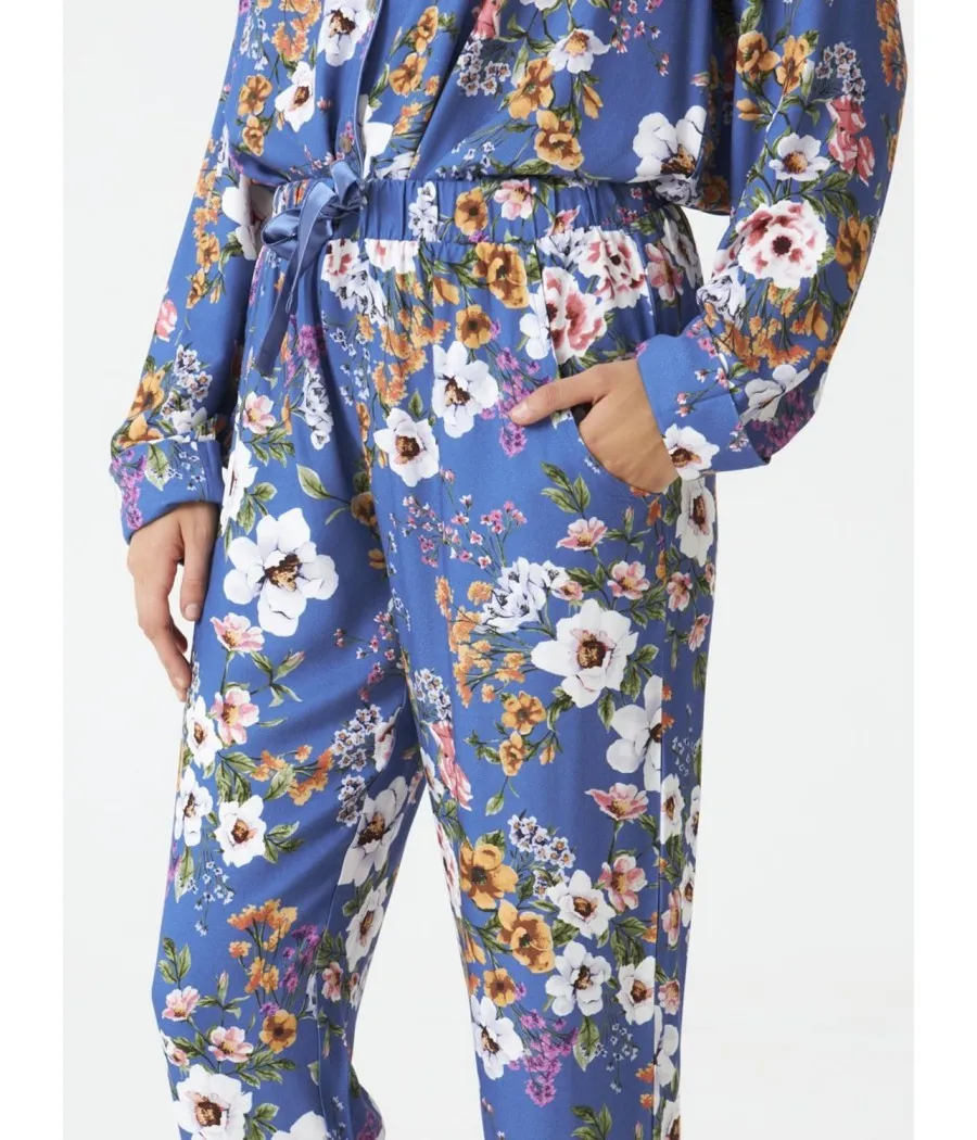 Pijama largo abierto mujer invierno J&J Brothers azul Floral viscosa bolsillos