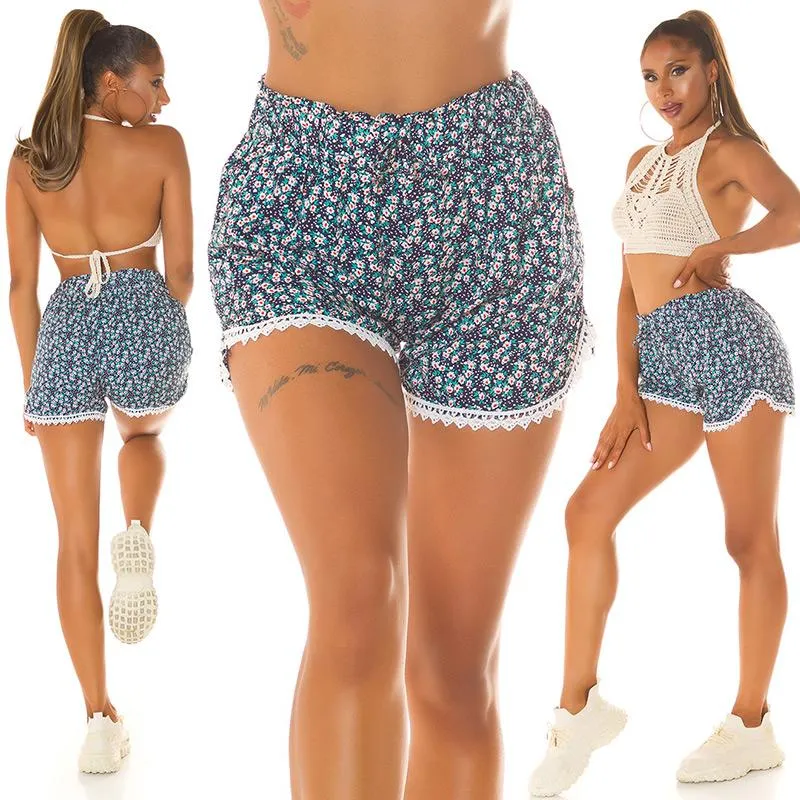 Shorts con Estampado y Encaje azul